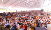 PORBANDAR, APR 27 (UNI):- BJP supporters at an election rally addressed by Union Home Minister Amit Shah for Lok Sabha Election - 2024, in Porbandar, Gujarat on Saturday. UNI PHOTO-66U