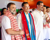 GUWAHATI, JULY 16 (UNI) :- Leader of Opposition Lok Sabha Rahul Gandhi with party leader Gaurav Gogoi during a Congress Workers meeting at Chaygaon, Guwahati on Wednesday. UNI PHOTO - 118U GUWAHATI, JULY 16 (UNI) :- Leader of Opposition Lok Sabha Rahul Gandhi with party leader Gaurav Gogoi during a Congress Workers meeting at Chaygaon, Guwahati on Wednesday. UNI PHOTO - 118U