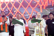 SITAMARHI, AUG 08 (UNI): Union Home Minister Amit Shah and Bihar Chief Minister Nitish Kumar flag off the Sitamarhi-New Delhi Amrit Bharat Express train during a public meeting, in Sitamarhi on Friday. Bihar Deputy Chief Minister Samrat Choudhary also present. UNI Photo N39U SITAMARHI, AUG 08 (UNI): Union Home Minister Amit Shah and Bihar Chief Minister Nitish Kumar flag off the Sitamarhi-New Delhi Amrit Bharat Express train during a public meeting, in Sitamarhi on Friday. Bihar Deputy Chief Minister Samrat Choudhary also present. UNI Photo N39U
